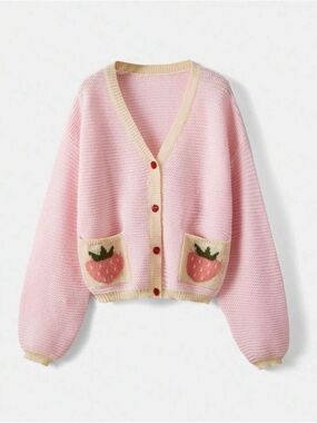 ROMWE Kawaii Strawberry Pattern Bishop Sleeve Sweater Cardigan, Large
